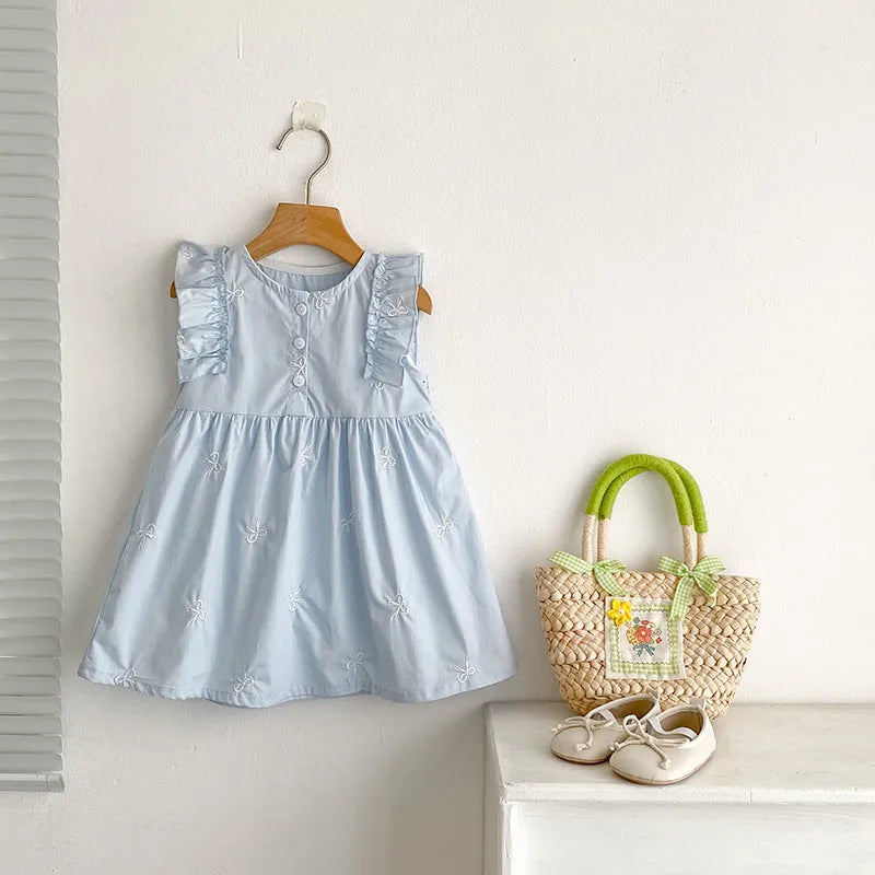 Children's cotton bowknot embroidered sleeveless dress in pink with A-line skirt