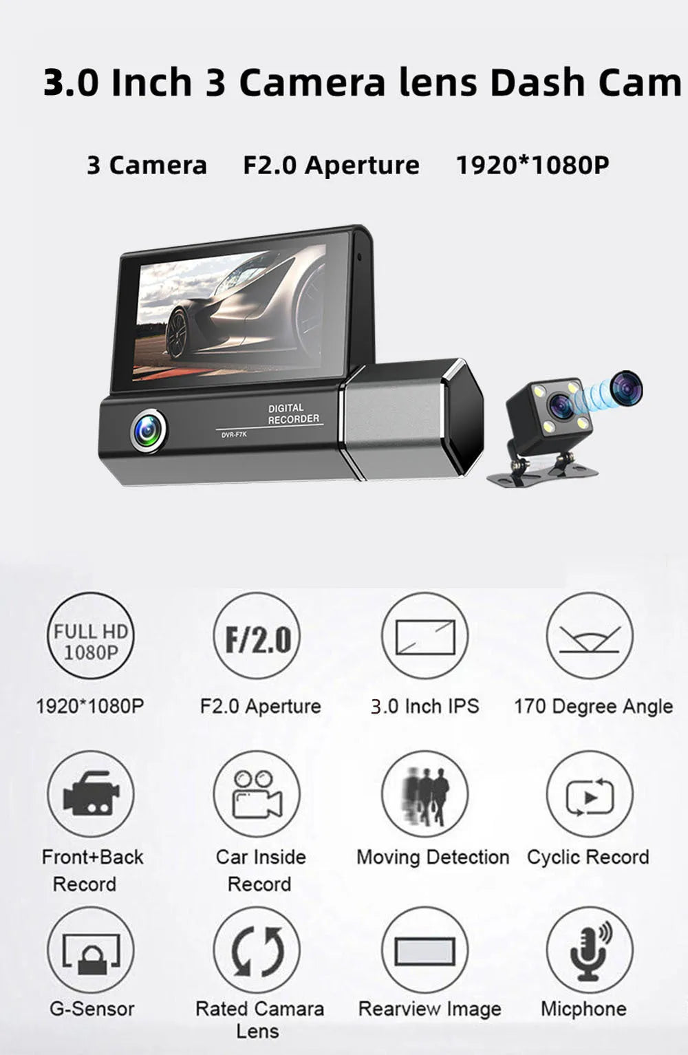 Black 3-lens car dash camera with touch screen for HD 1080P recording.