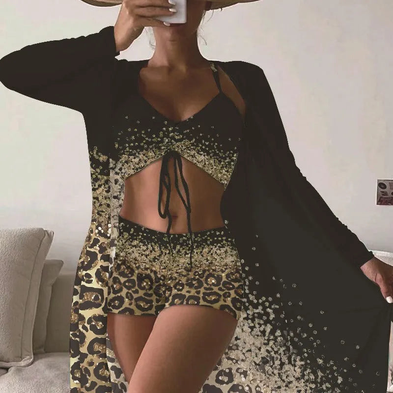 Women's polyester swimsuit set showing sleeveless top and briefs style bottom with matching coat