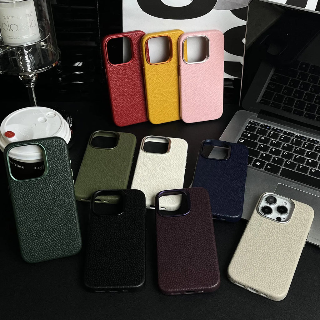 Plain leather magnetic phone case with lychee pattern in dark green, drop-resistant protective cover for iPhone