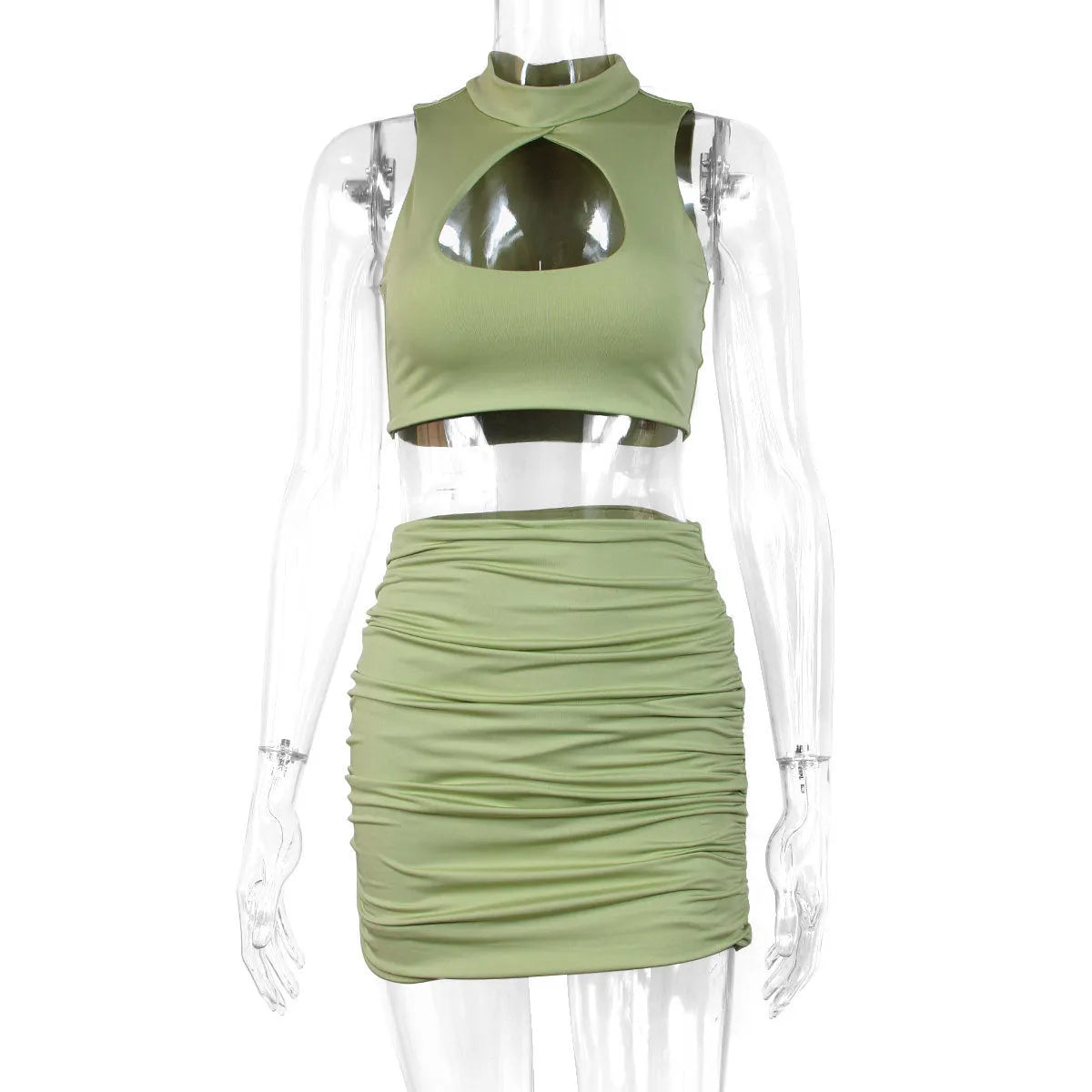 Light purple women's two-piece set with hollow vest top and split skirt on model
