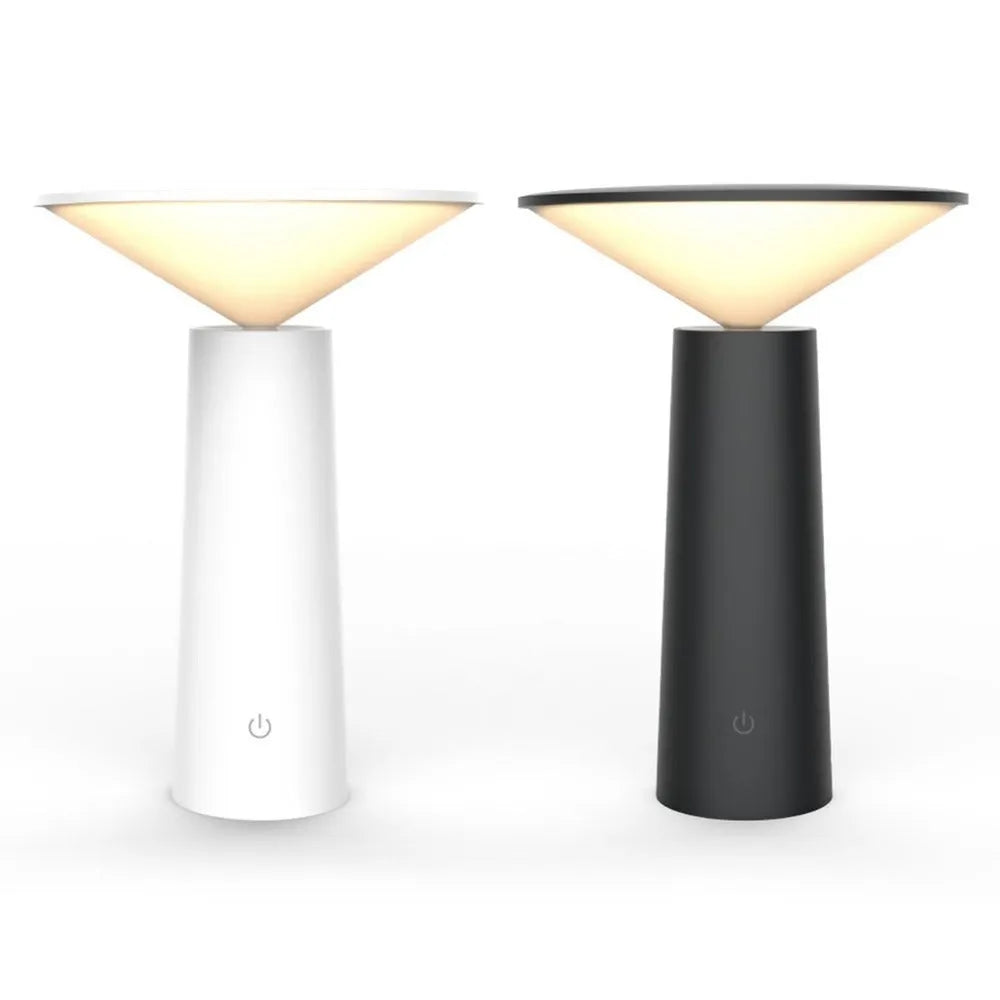 Black or white USB rechargeable LED desk lamp with touch sensor and adjustable lamp head.