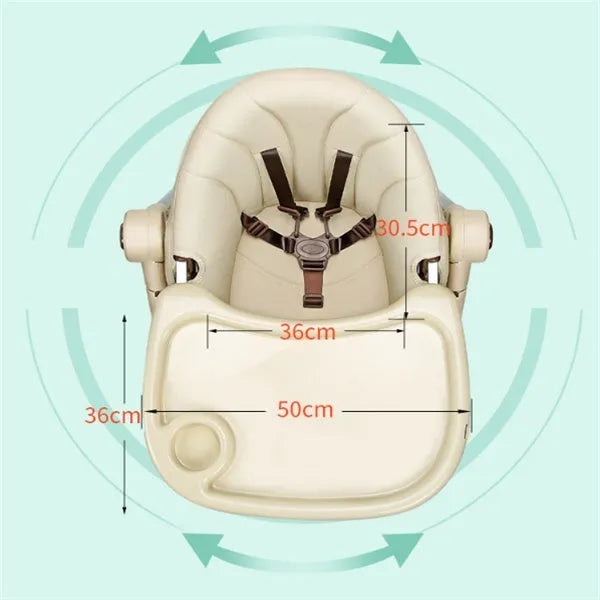 Sky blue portable baby chair for toddlers on a wooden floor.
