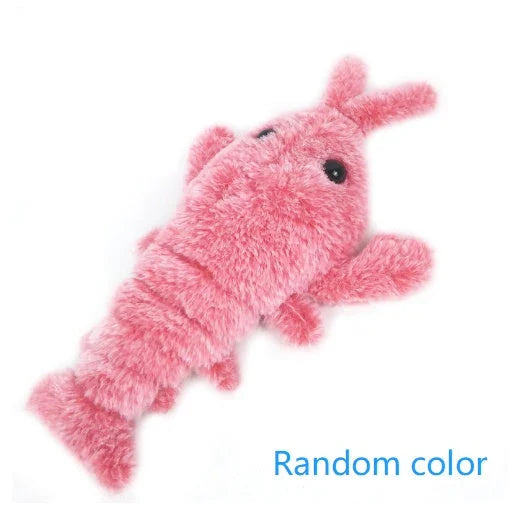 USB rechargeable jumping lobster cat toy with motion-activated swaying and flipping action, made of soft plush fabrics