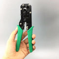 Green dual-purpose network cable pliers with tool steel body, plastic handle, 200 mm² crimping capacity, 100 mm clamp handle.