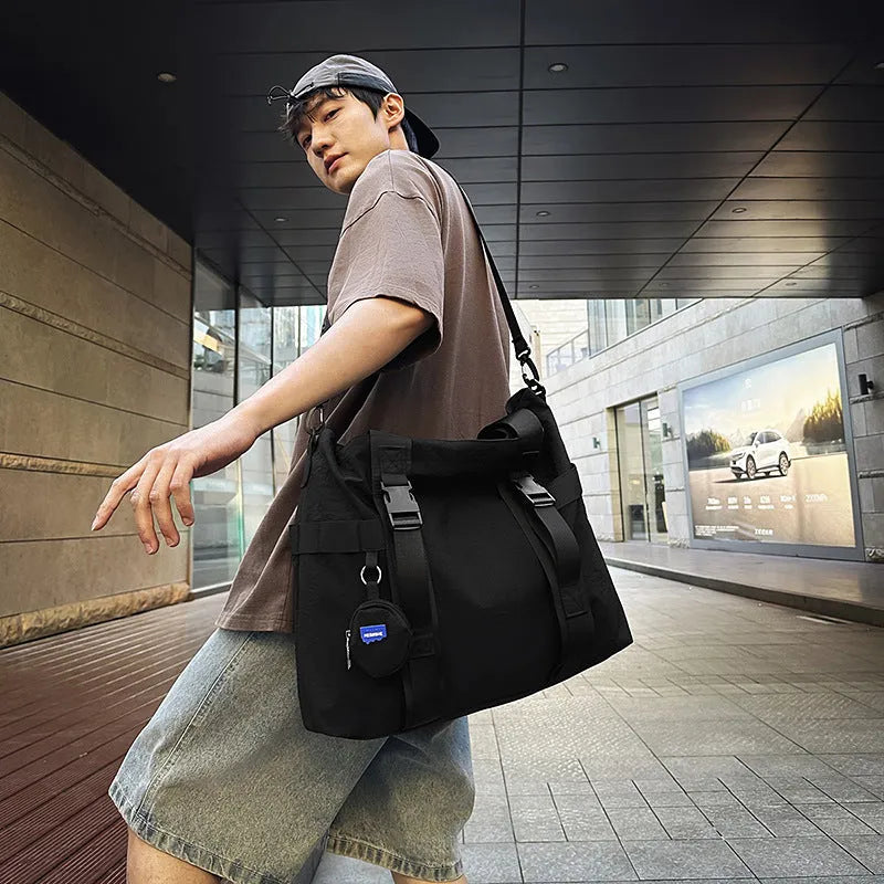 Oxford cloth travel shoulder bag with coin purse in black, grey, or yellow colour options