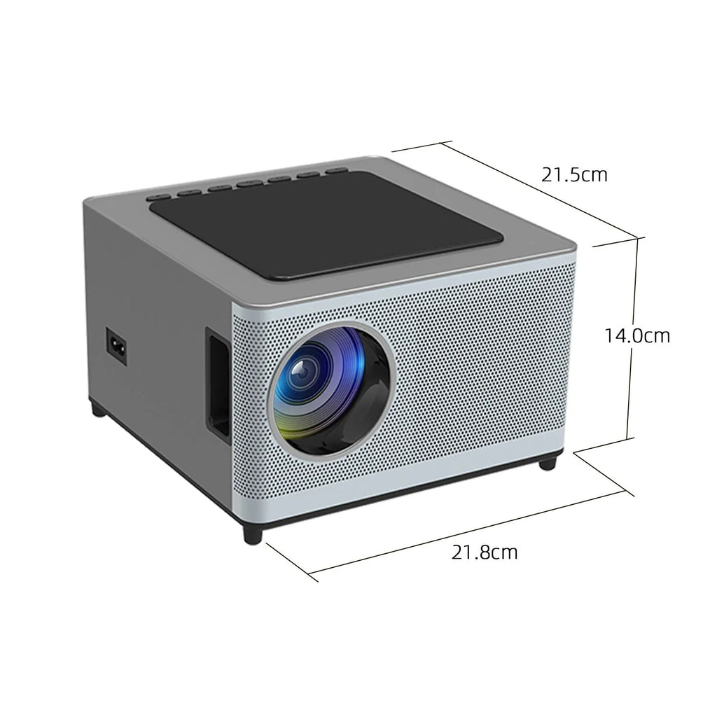 Mini portable projector with 400 ANSI brightness and 200-inch projection on a white wall in a dim room