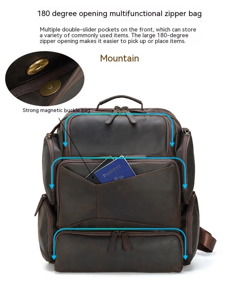 Dark brown retro leather backpack for men with a 17-inch laptop compartment open.