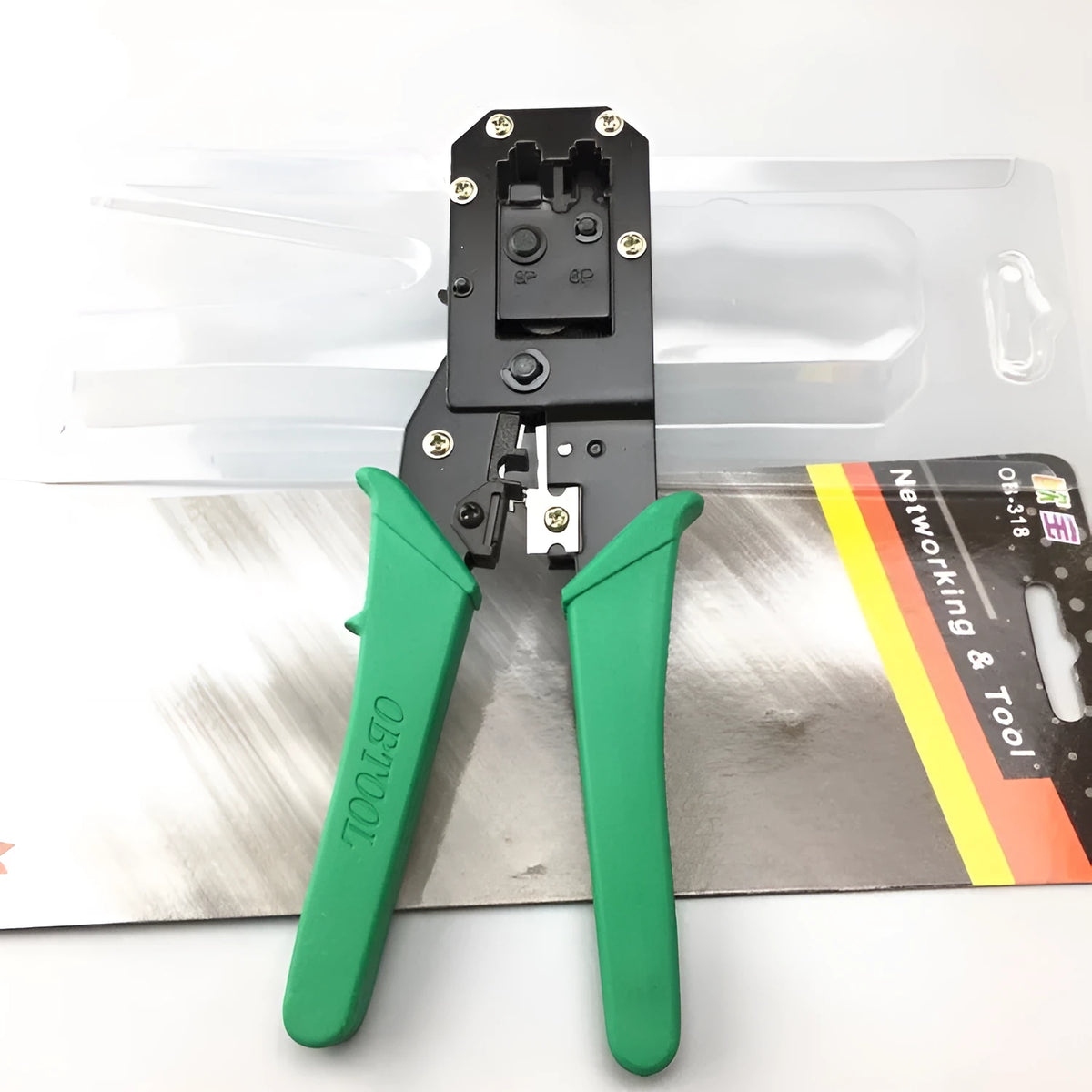Green dual-purpose network cable pliers with tool steel body, plastic handle, 200 mm² crimping capacity, 100 mm clamp handle.