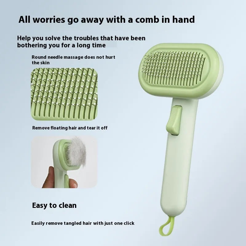 Large light grey pet hair removal comb with floating teeth and a one-click shaver head for cats and dogs.