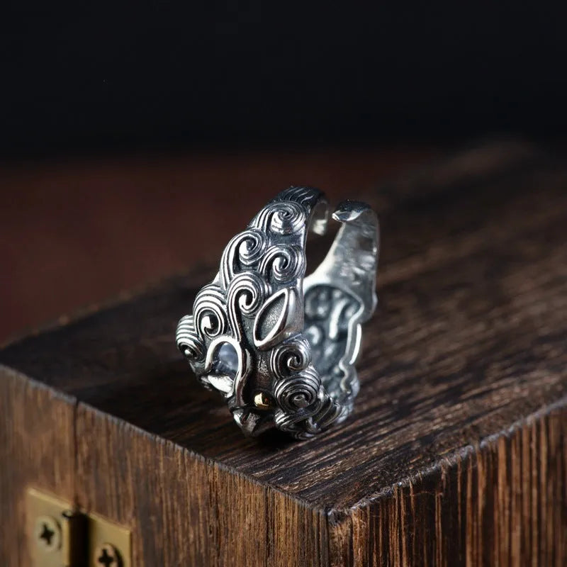 Sterling silver Jibeast zodiac diamond open ring showing adjustable design and animal modelling detail
