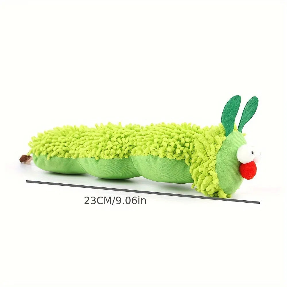 Green interactive plush cat toy pillow measuring 24cm long with electronic rechargeable mechanism
