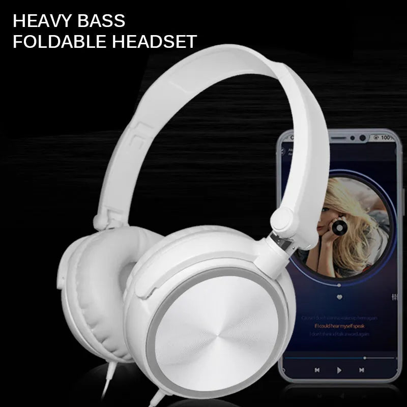 Portable over-ear wired headphones with folding design and adjustable headband in black, red or white colours