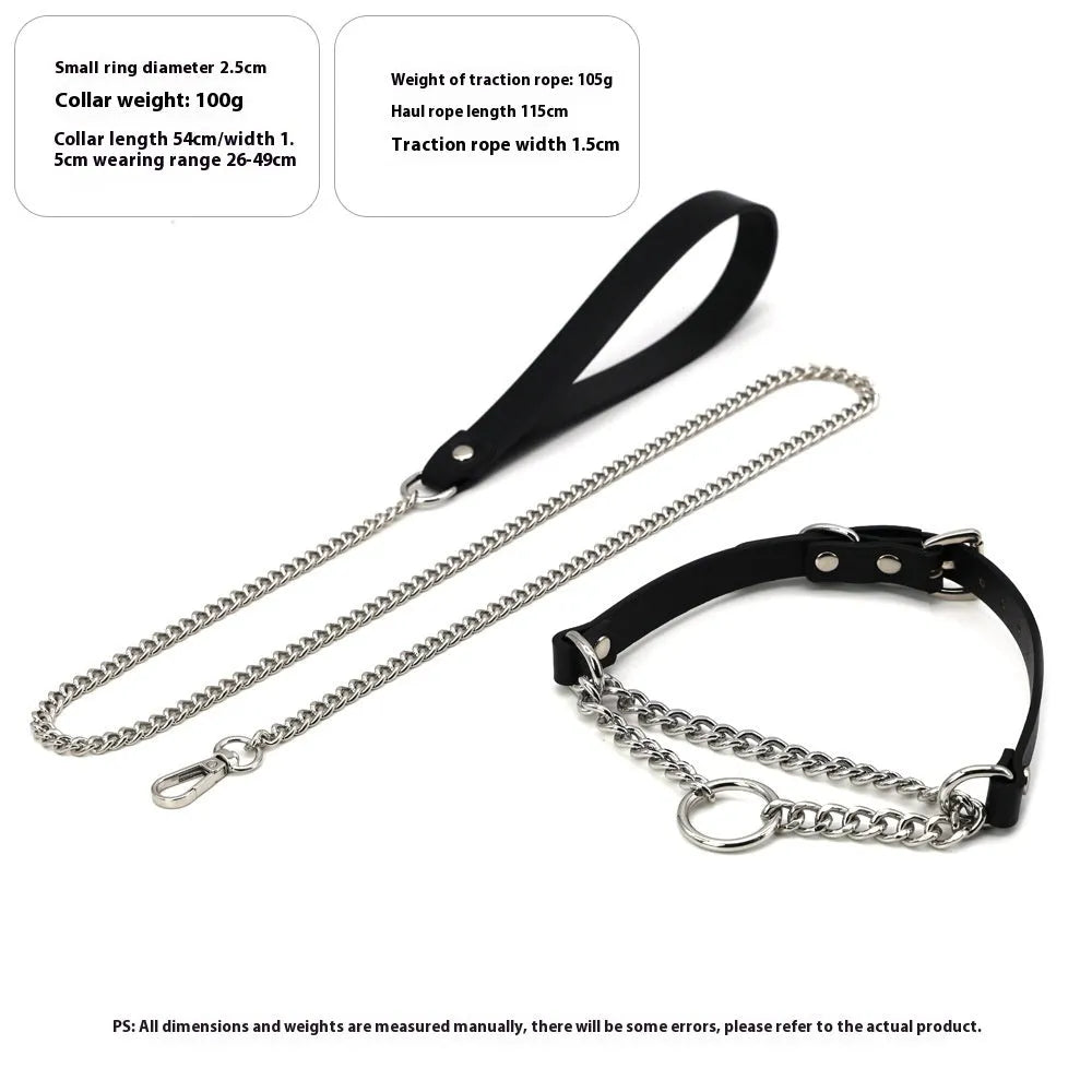 Black cowhide leather bondage collar and leash set with hand grip rope
