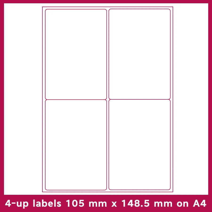 Pack of blank white A4 FBA label paper sheets showing different grid formats for barcodes.