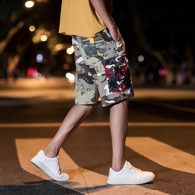 Men's loose fit camouflage five-point cotton trousers, mid-rise waist, available in sizes M to 5XL