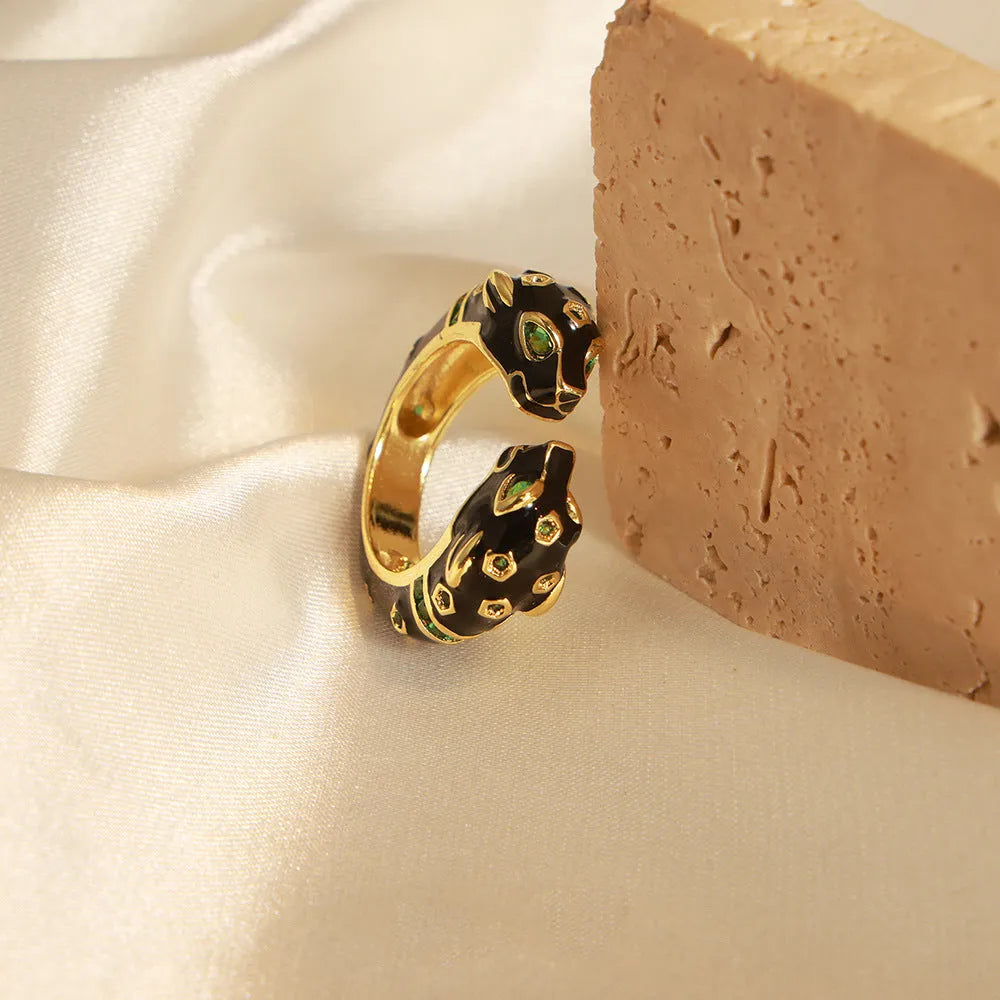 Black cheetah print open geometric ring for women, size No.7, made from electroplated copper.