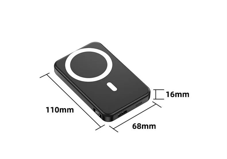 Small portable power bank with magnetic wireless charging for iPhone in black, blue or white colours