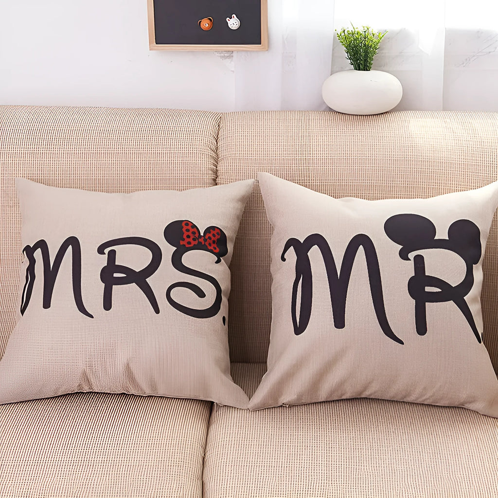 Valentine linen pillowcase cartoon style 45x45cm in MR colour option on sofa
