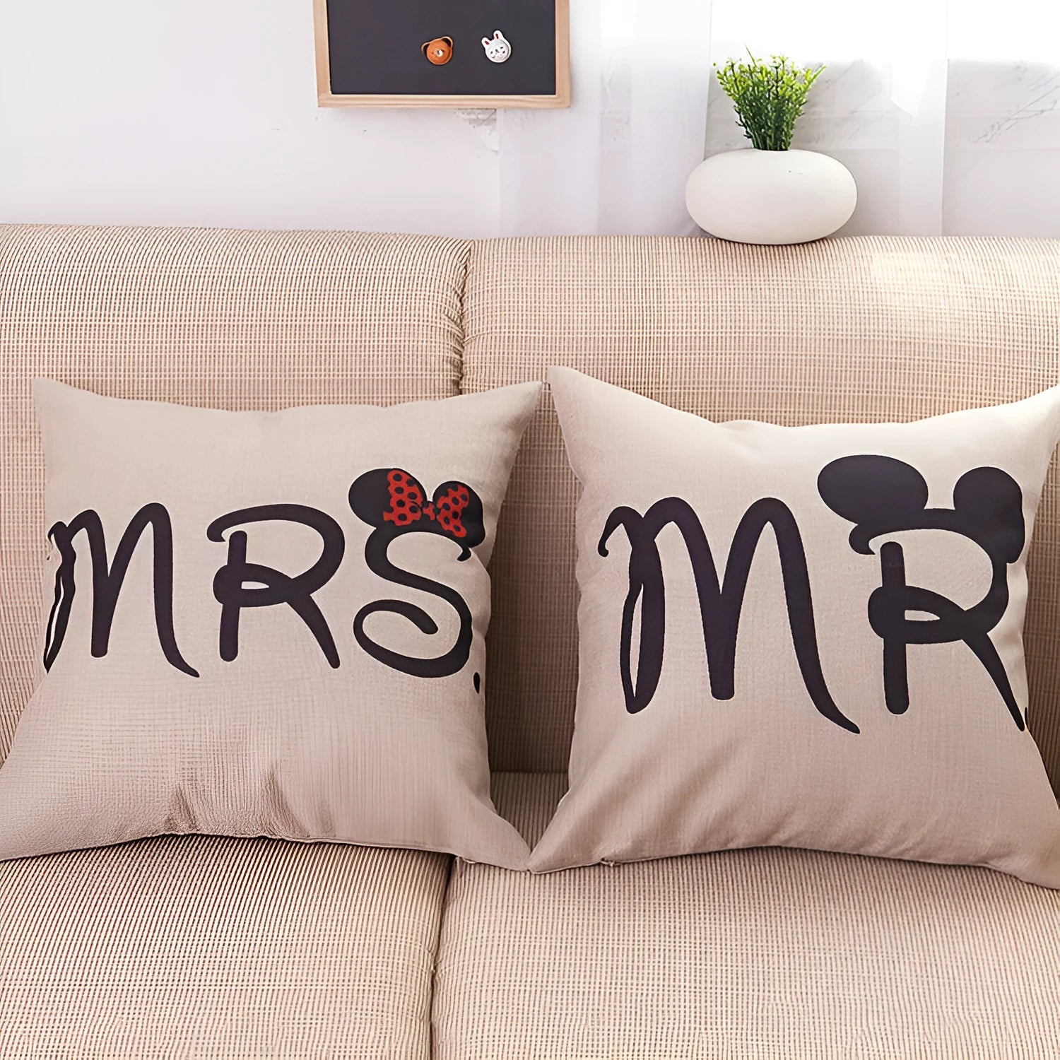 Valentine linen pillowcase cartoon style 45x45cm in MR colour option on sofa