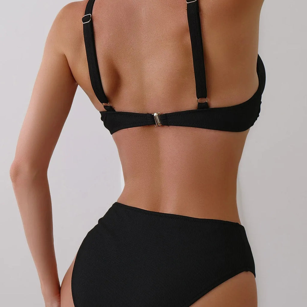 Women's rib fabric bikini set in black, green, blue colours with briefs style