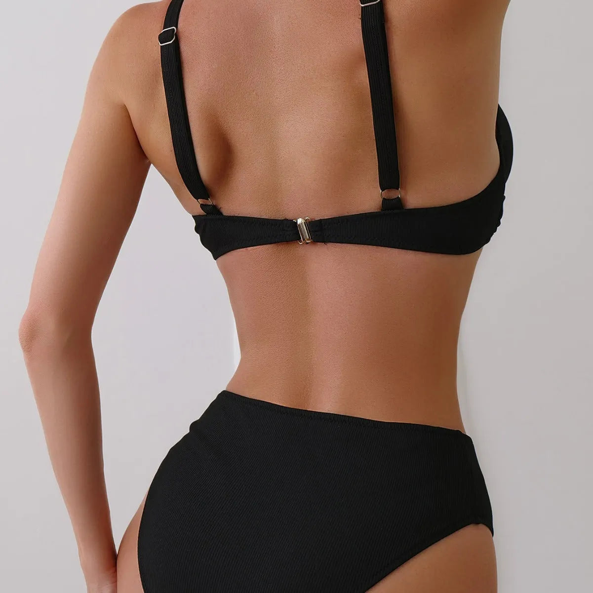 Women's rib fabric bikini set in black, green, blue colours with briefs style