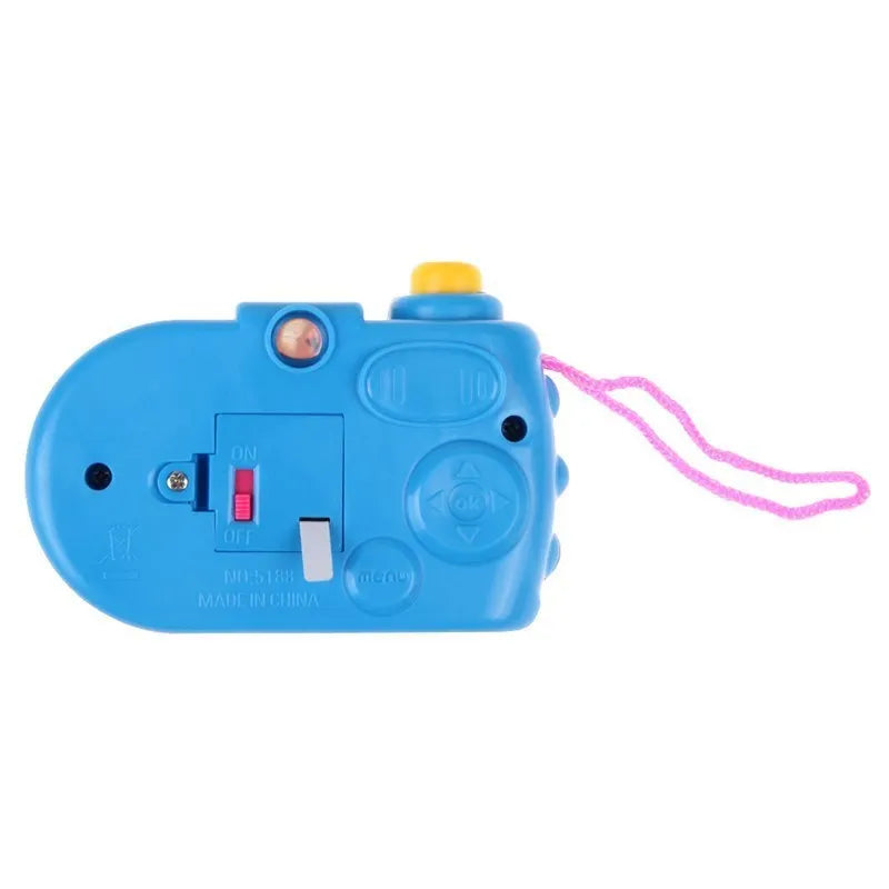 Blue or pink kids plastic projection camera toy with a sliding lens for animal image projection.
