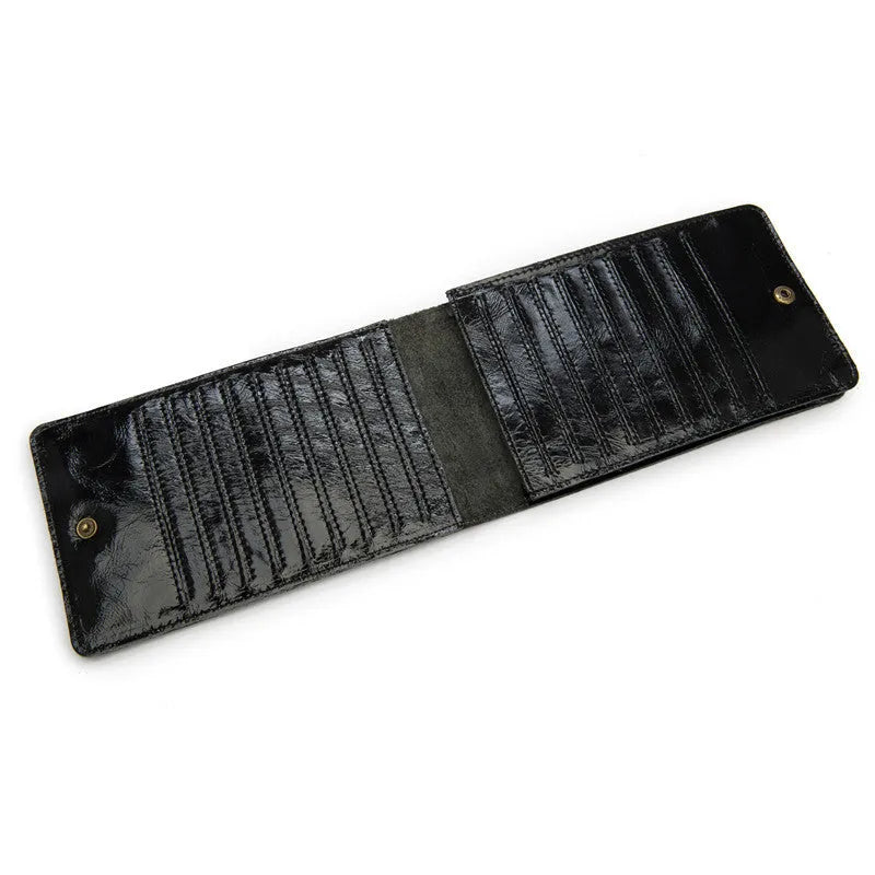Men's black cowhide leather card holder wallet open to show 18 card slots, money pocket, and phone pocket.