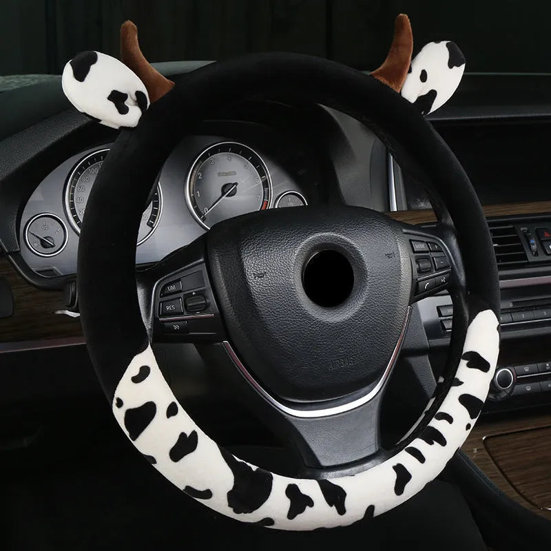 Black plush car steering wheel cover with 38cm diameter measurement
