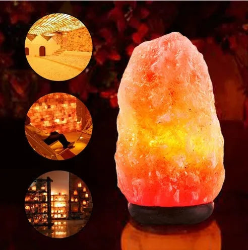 Rose crystal salt lamp with natural rock salt shade on a bedside table, warm glow, compact size.