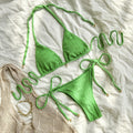 Women's halter neck lace-up bikini swimsuit in polyester fabric, available in white, green and milky white