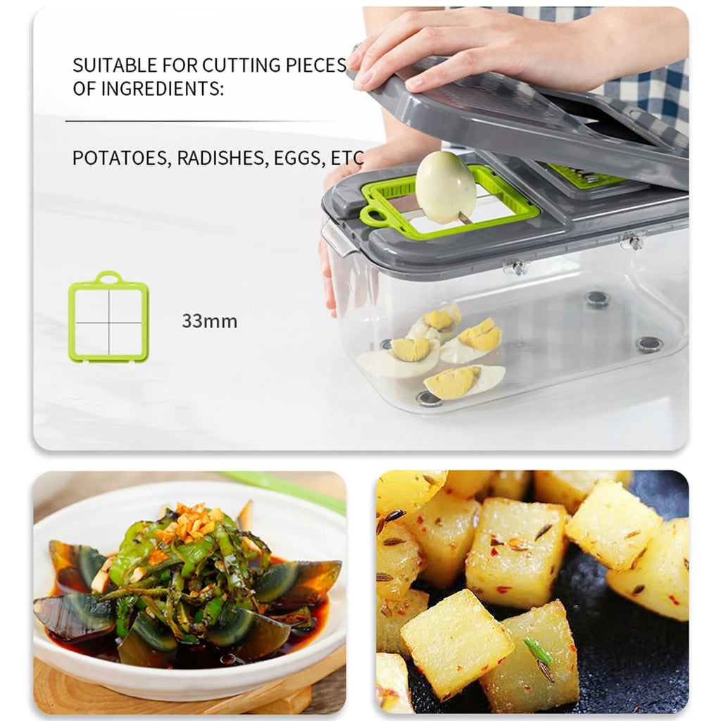 Grey multifunctional vegetable cutter with stainless steel blades and ABS body, foldable design, water filter basket, 26x15.5x14.5 cm