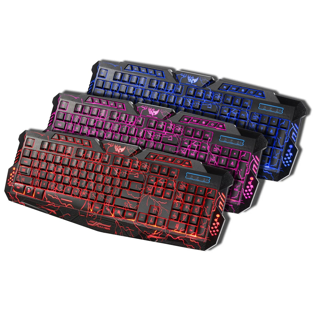 Black backlit game crack keyboard with three-colour adjustable backlight, anti-slip patches, and large curved keys
