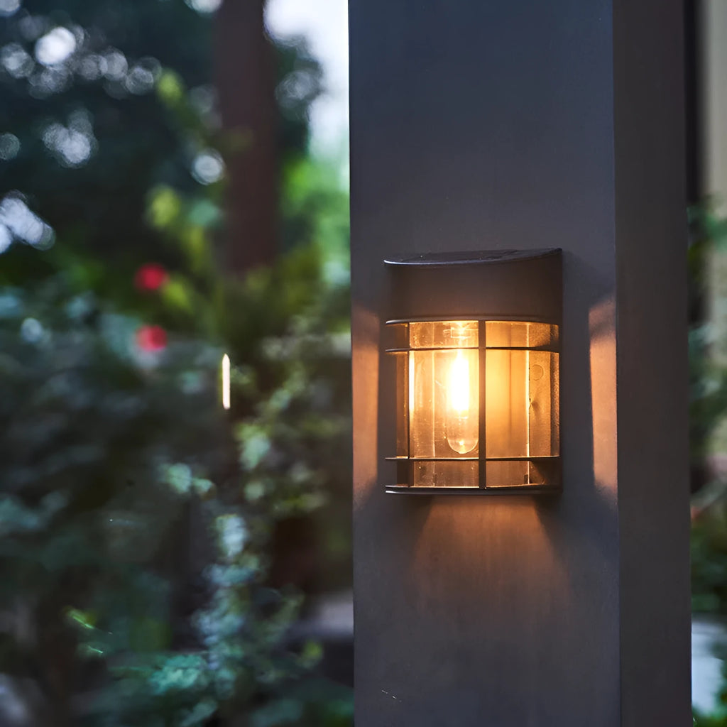 Solar-powered outdoor wall light with waterproof housing and warm white illumination