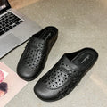 Apricot, black, and brown fairy style PVC half slippers with flat toe box on a white background.