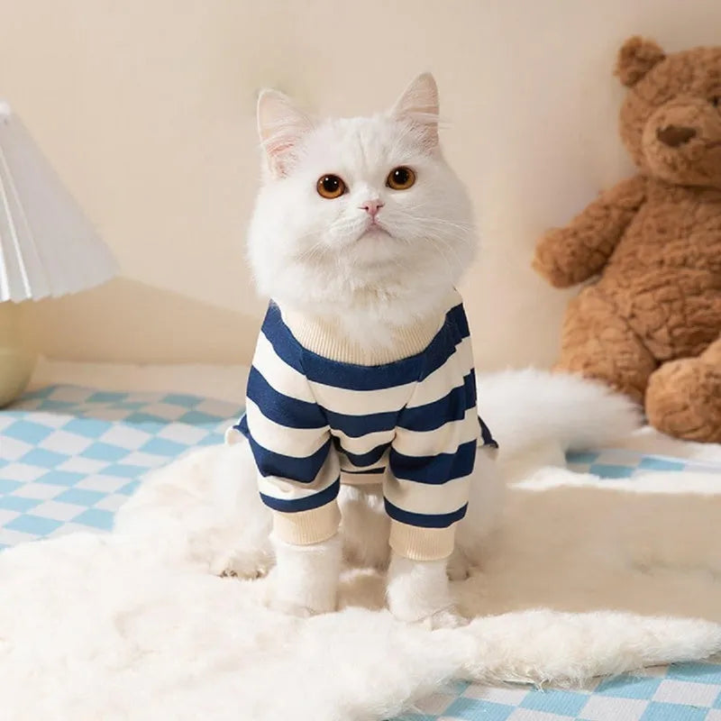 Cute bear striped four-legged dog pyjamas in blue for small to medium pets