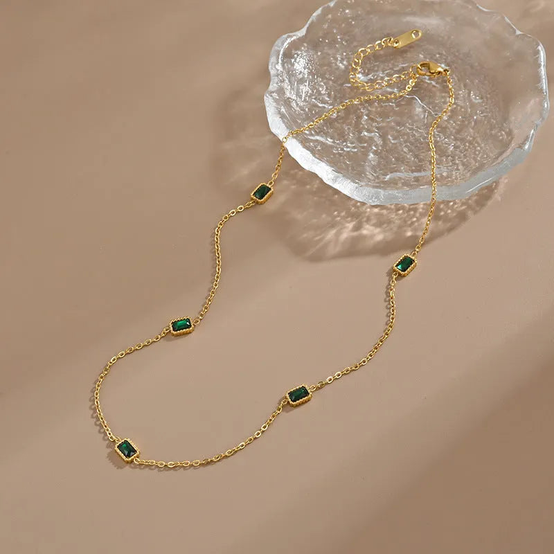 Titanium steel emerald zircon bracelet and necklace set with O-ring chain and 18K gold finish