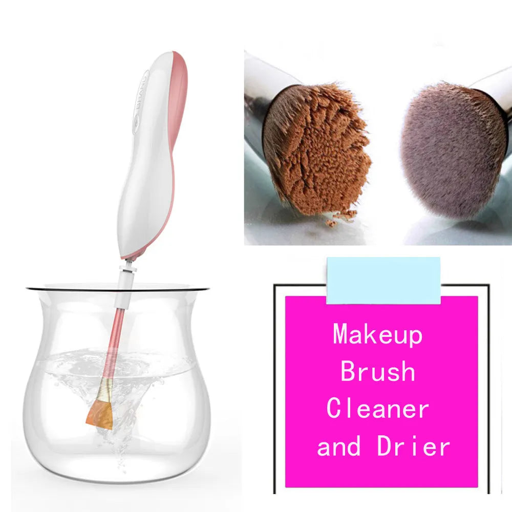 Electric make up brush cleaner spin machine in white with brush attached