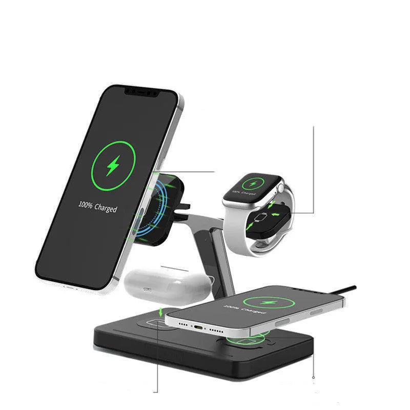 Four-in-one magnetic wireless charger in black with Type-C interface, showing indication function light on charging surface.