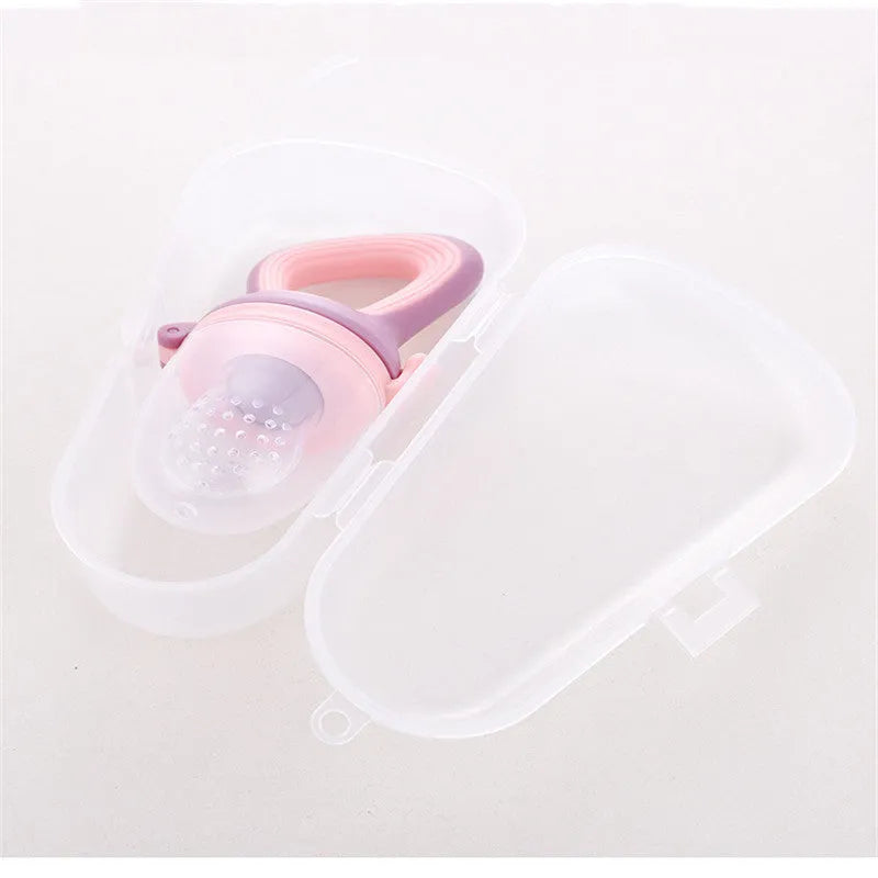 Food-grade silicone and PP baby teether in cartoon blue, green, or purple, sizes L M S, 120°C heat resistant.