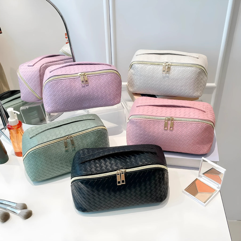 Waterproof PU storage bag in white, black, pink, green, or purple, large capacity, multifunctional, breathable, for cosmetics.