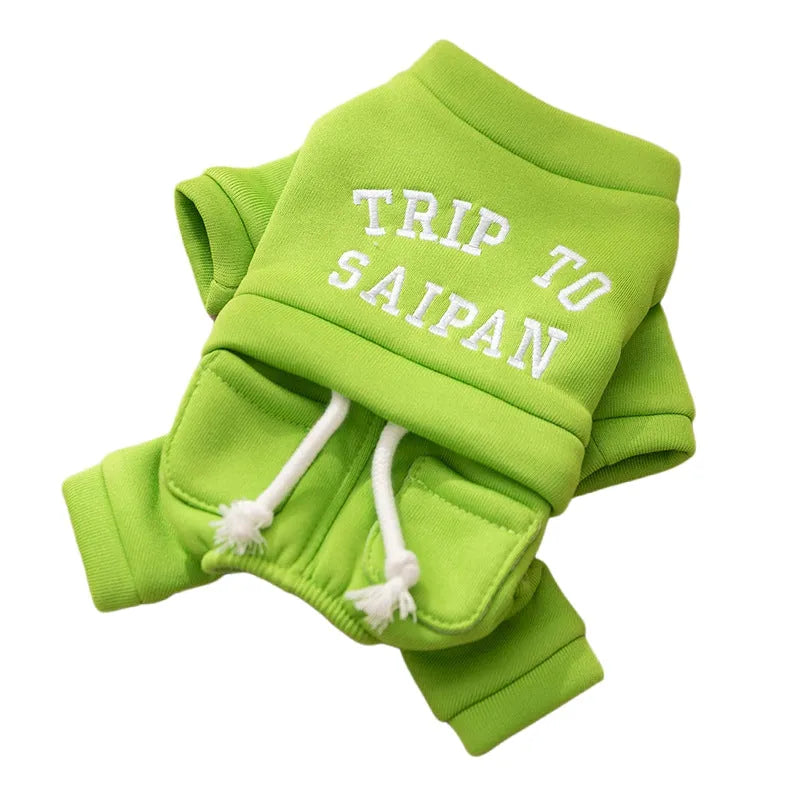 Four-legged thin fleece pet hoodie for small and medium dogs in green