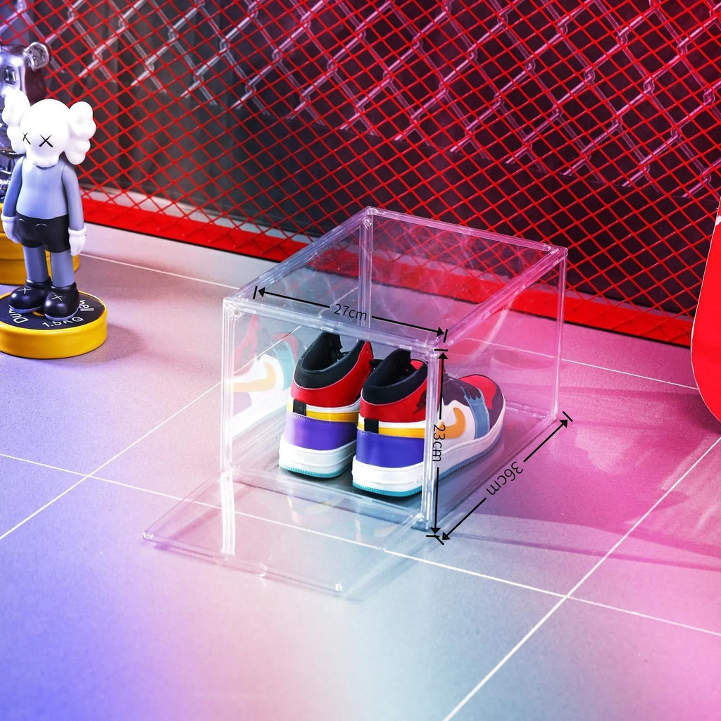 Large transparent acrylic shoe storage box with magnetic door and lid.