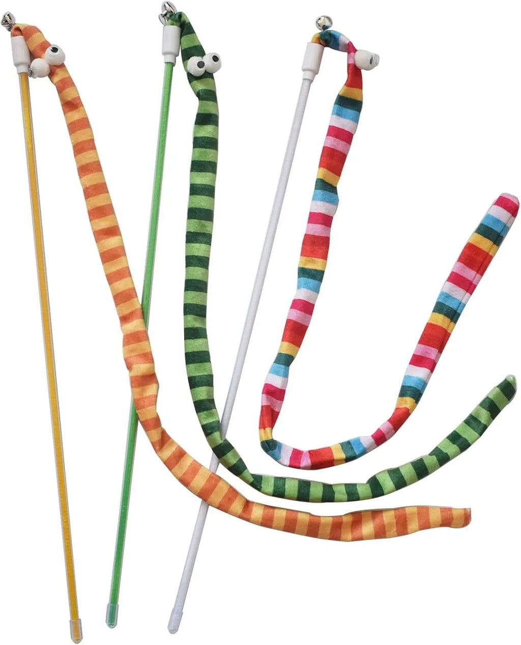Cat wand toy with colourful plush strip and bell on a polycarbonate pole.