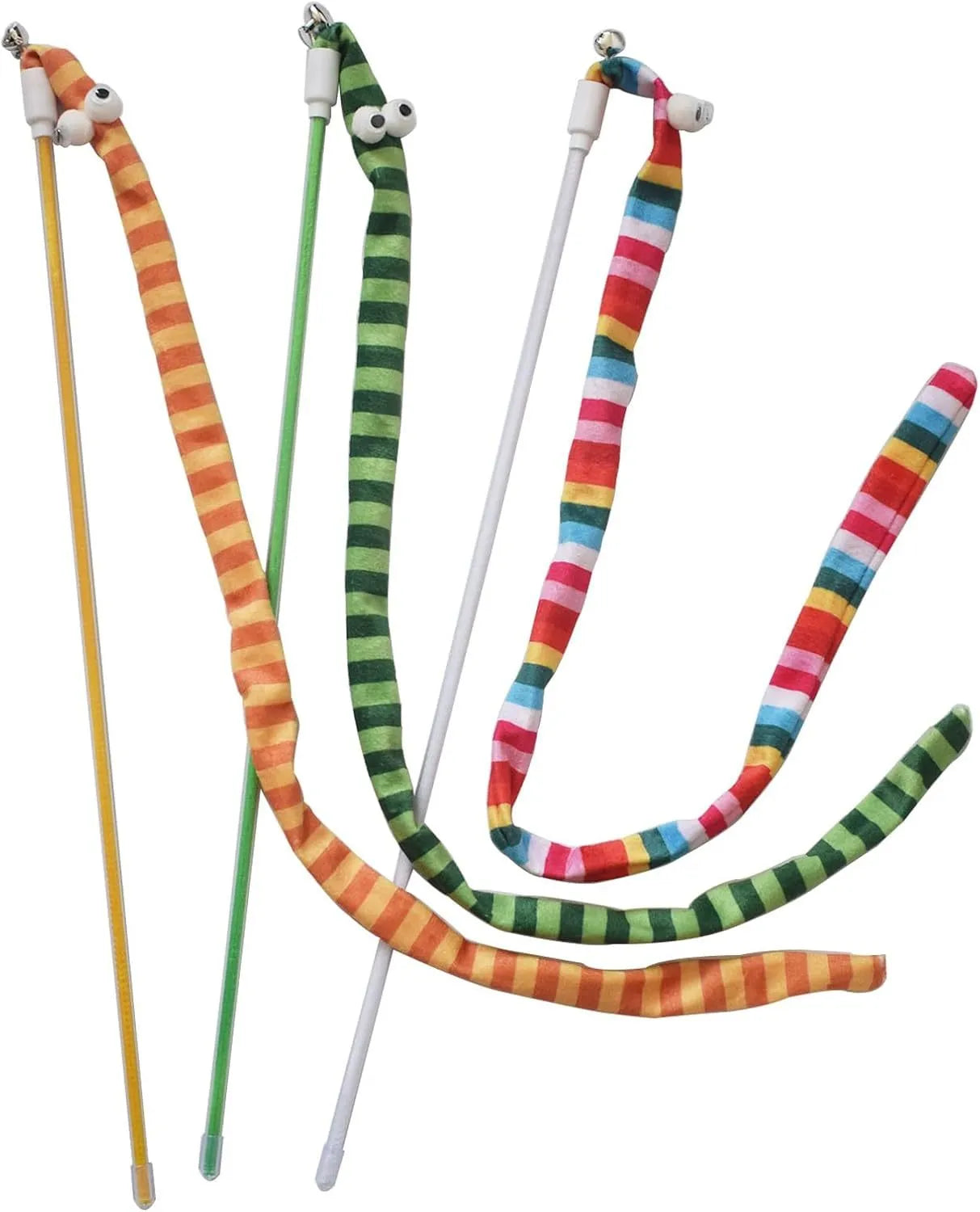 Cat wand toy with colourful plush strip and bell on a polycarbonate pole.