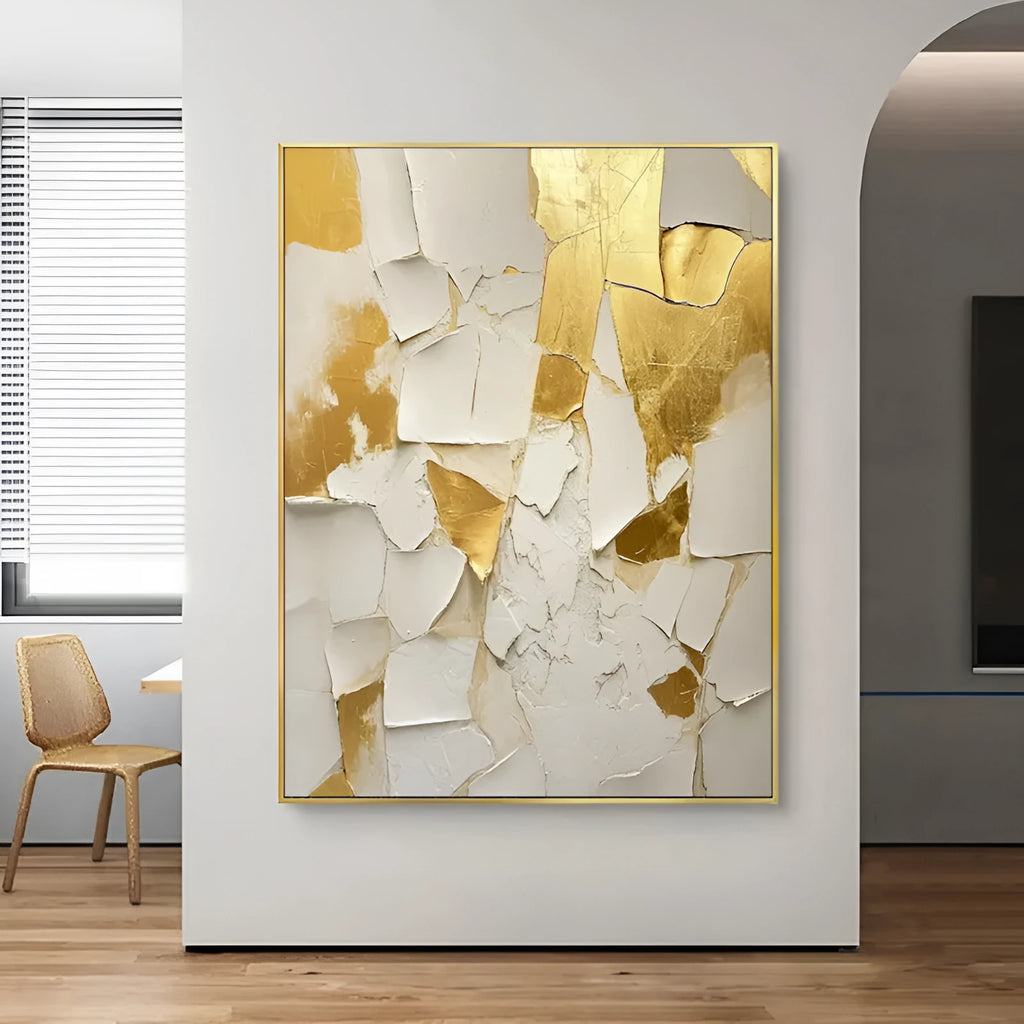 Golden and white textured handmade abstract oil painting on canvas, unframed, vertical orientation