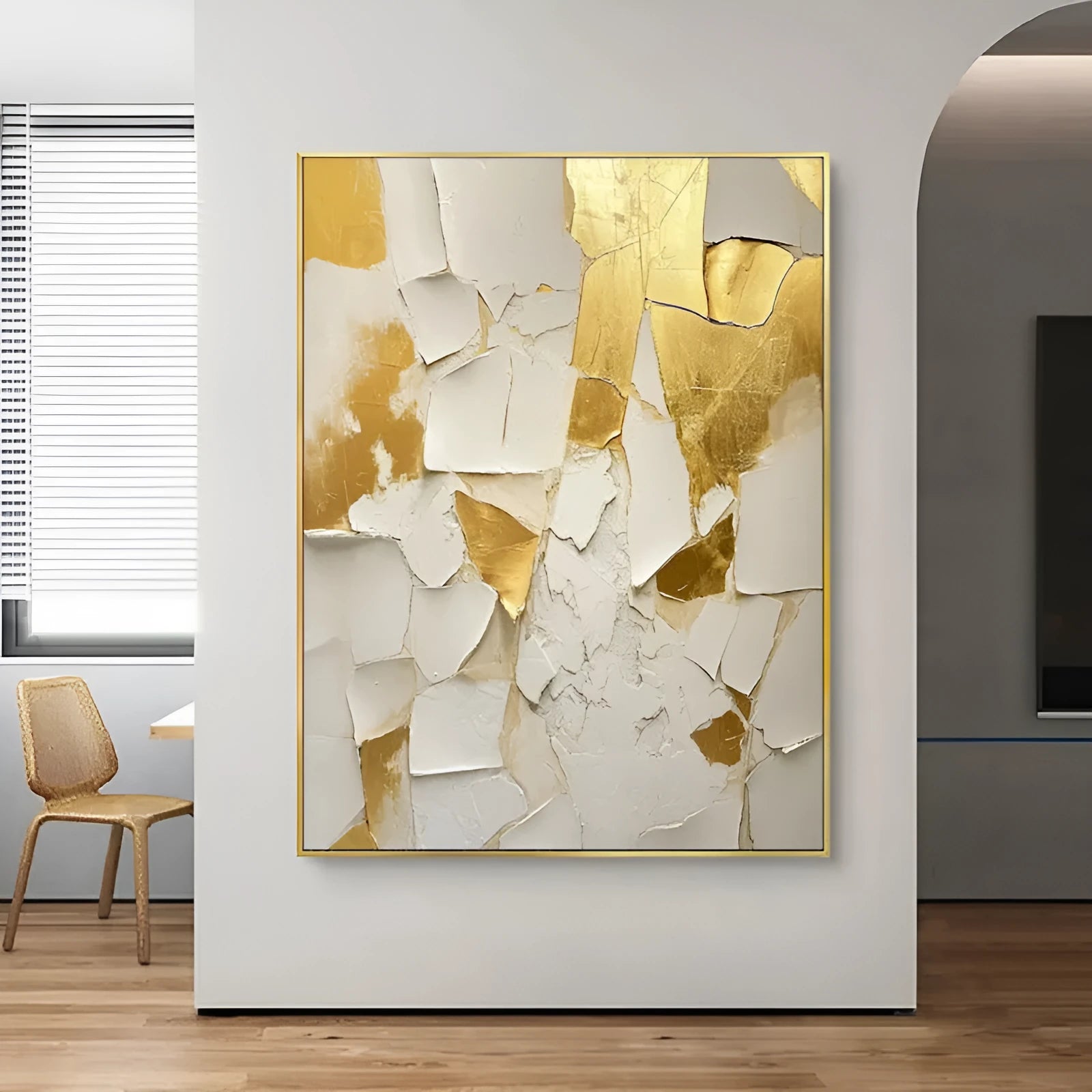 Golden and white textured handmade abstract oil painting on canvas, unframed, vertical orientation