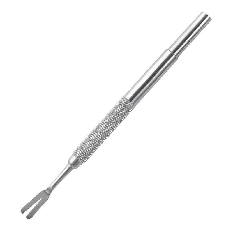 Close-up of silver stainless steel tick removal tweezers with fine pointed tip.
