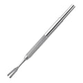 Close-up of silver stainless steel tick removal tweezers with fine pointed tip.