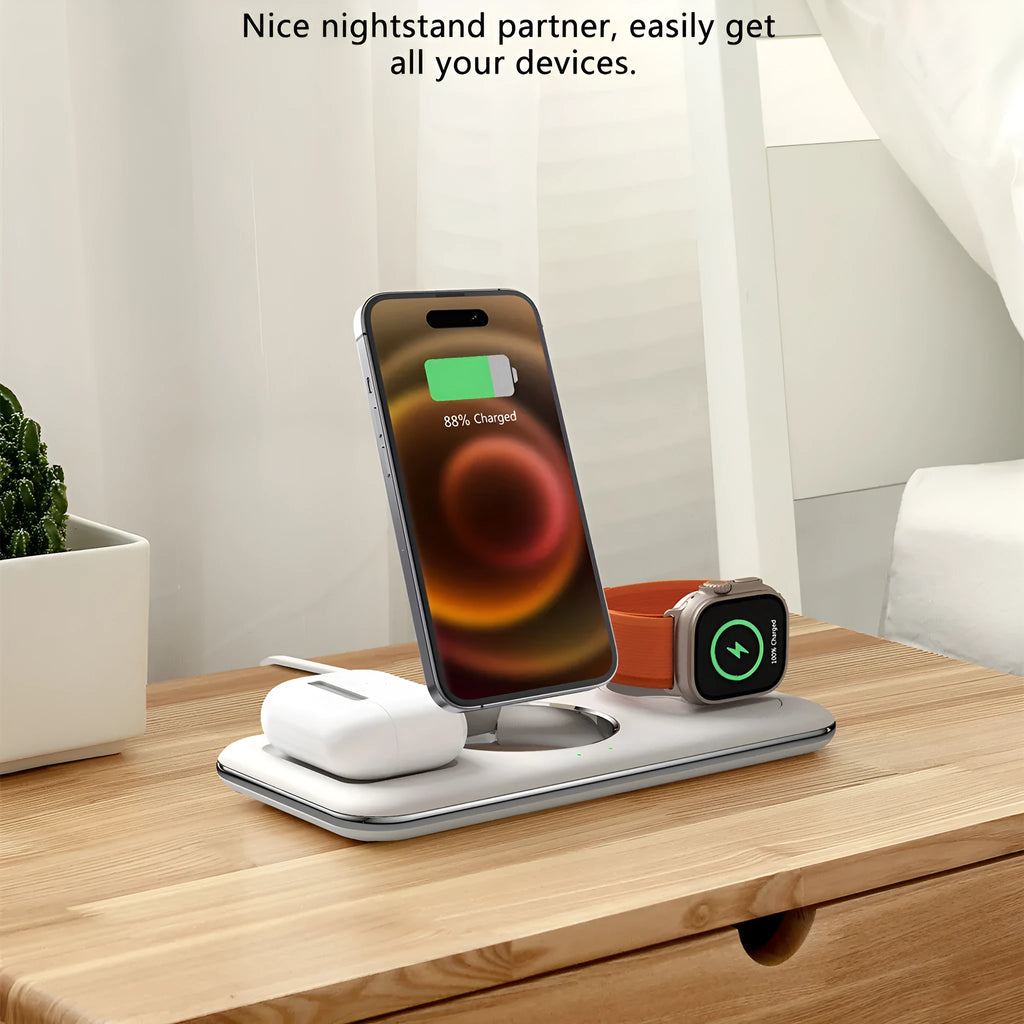 Folding magnetic wireless charger desktop bracket in white or black, 3-in-1, Type-C, 15W phone output, FOD protection.